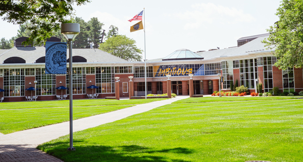 The Quinnipiac quad and student center on a sunny day